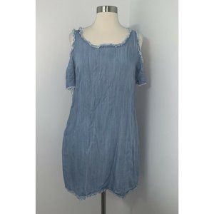Elan Pocket Denim Womens Shift Dress Size M Cold Shoulder Frayed Hems Blue